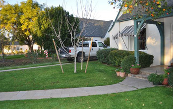 A suburban house and lawn.